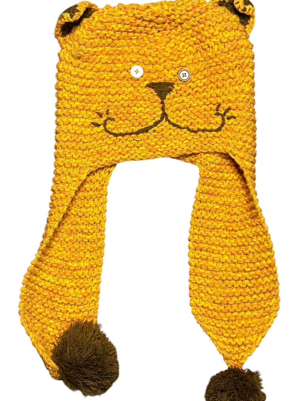 Vintage Chunky Knit Yellow Cat Lion Animal Earflap Beanie Chullo Hat Pom Pom